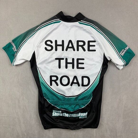 Share The Damn Road Mens Cycling Jersey Small White Green Full Zip Shirt Thanks - Picture 1 of 7